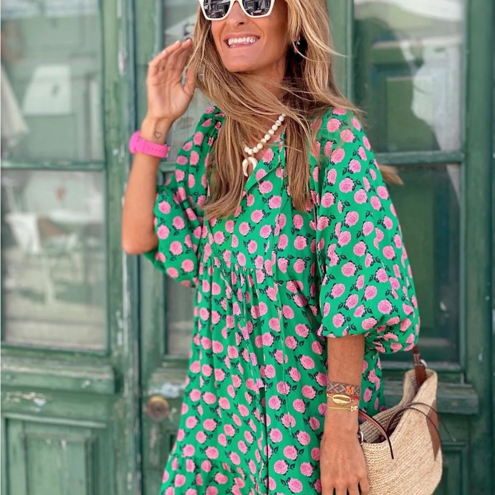 Green & Pink Floral Maxi Sundress with Bishop Sleeves and Tie Crew Neck